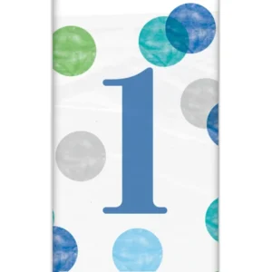 Nappe en plastique 1er anniversaire pour enfant blanche et bleue à pois pastel