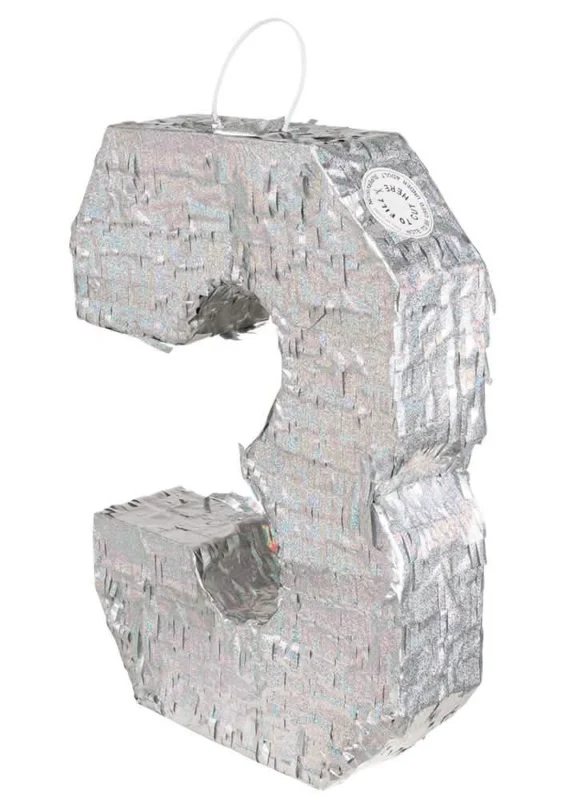 Piñata chiffre 3 pour anniversaire holographique argent