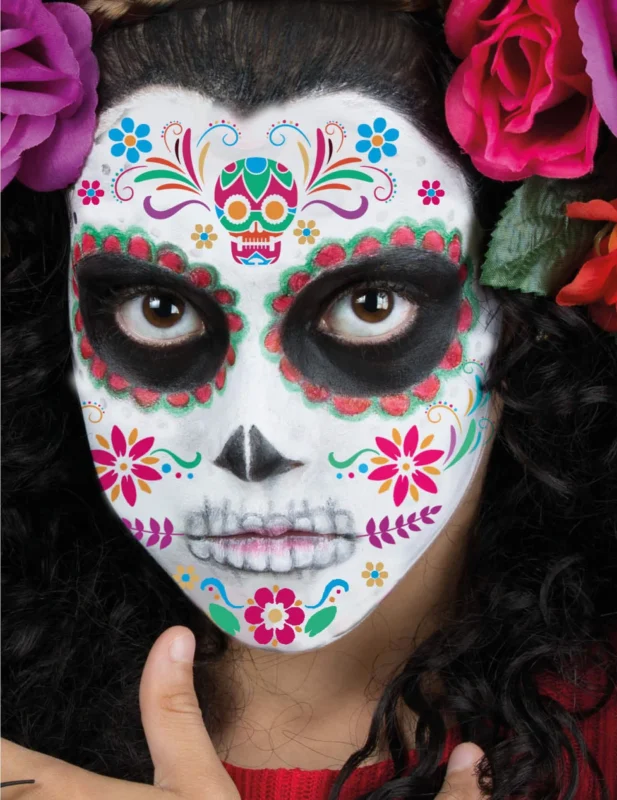 Pochoirs de maquillage Dia de los muertos pour enfant multicolore avec motifs floraux et crâne