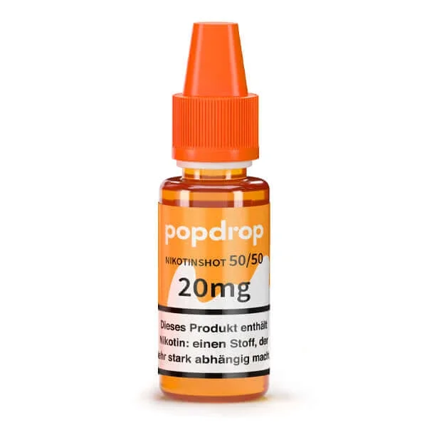Popdrop Nikotinshot 50/50 20mg/ml in a small bottle with orange cap, perfect for vaping beginners.