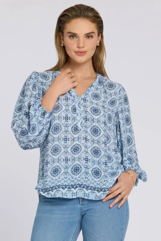 Puff Sleeve Popover Blouse | Azure Sky | Blouse | NYDJ