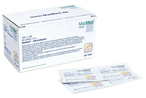 Alkoholtupfer MaiMed 30 x 30 mm, weiß, 100 Stück/Box in Alkohol getr. Tupfer