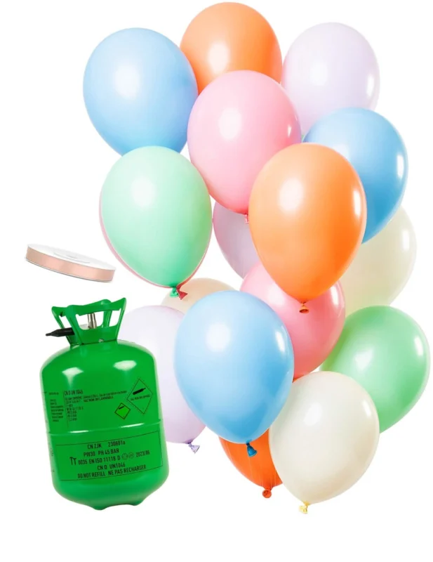 Heliumflaschen-Set mit 15 pastellfarbenen Luftballons