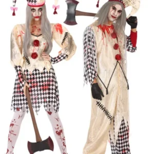 Schauriges Harlekin-Partnerkostüm für Erwachsene Halloween weiß-rot-schwarz