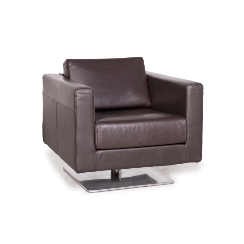 Vitra Park Sessel Swivel mit Standfuß (nicht drehbar) Leder Dunkelbraun Braun Jasper Morrison Aluminium poliert Massivholz #3659