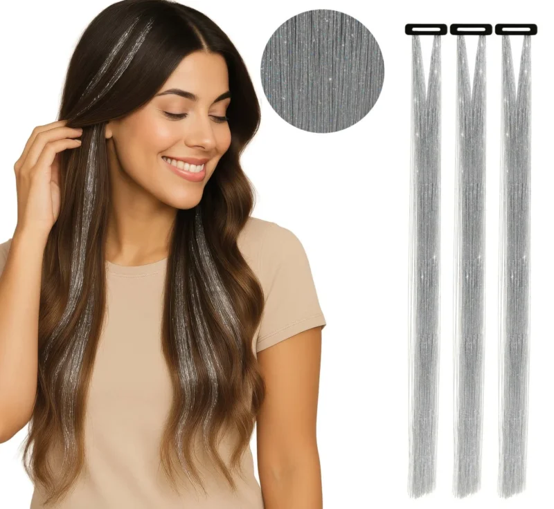 Zilveren Hair Extension Glitters 50cm 3st van Fiestas Guirca koop je bij Partywinkel